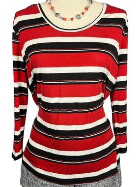 C. EST. 1946 Red, white and black striped long sleeve blouse